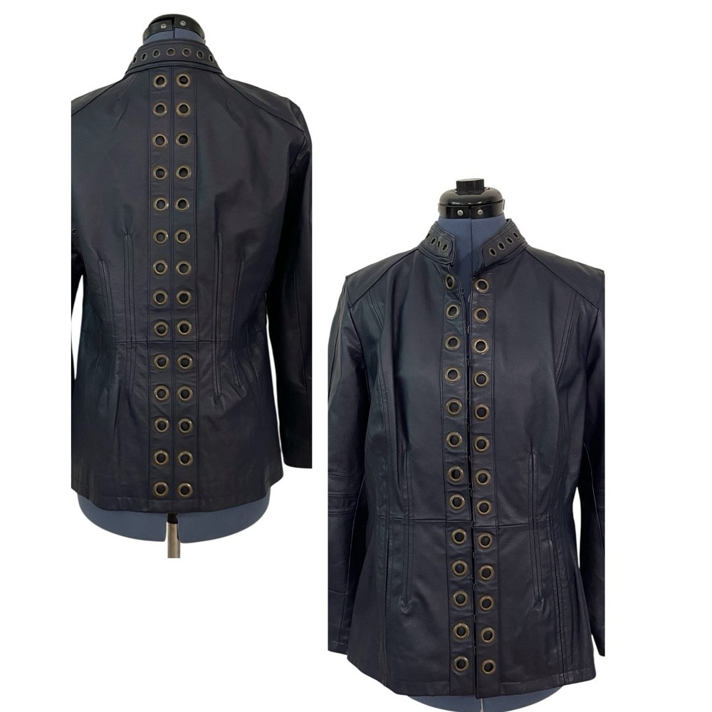 Vtg Hot in Hollywood Blue Leather Jacket Grommet Front Back Y2K Moto Grunge M